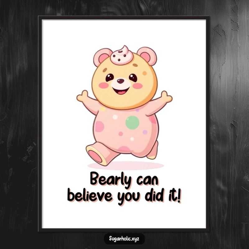 Free Printable Wall Art: A gleeful cookie with a frosting smile bounces with joy on a giant, colorful gummy bear.