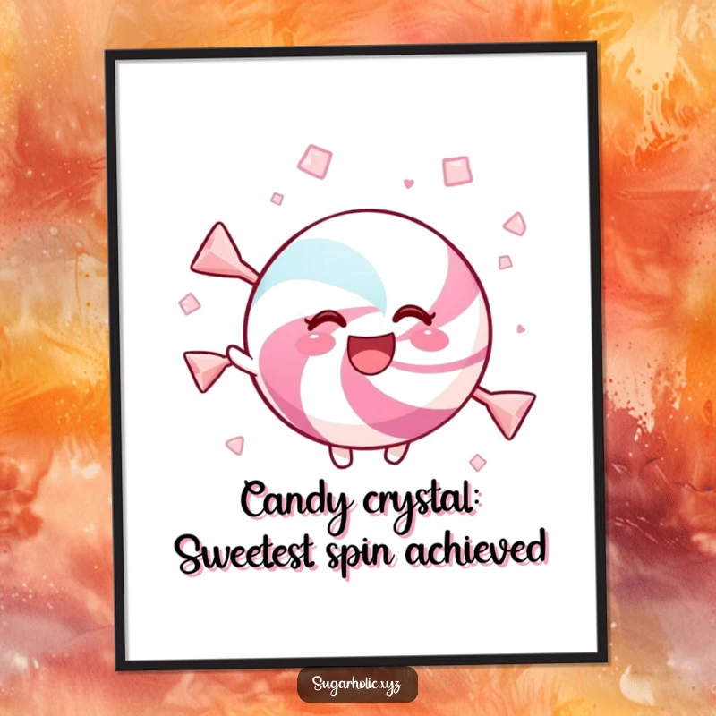Funny Free Printable Wall Art: A delighted piece of candy joyfully twirls amidst a dazzling cascade of sweet crystals.