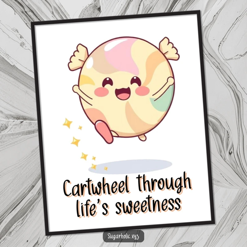 Funny Free Printable Wall Art: A smiling candy character doing a cartwheel, leaving a shimmering trail of sparkles.