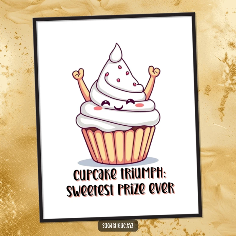 Funny Free Printable Wall Art: A triumphant cupcake beams with pride while offering a magnificent sugar mountain.