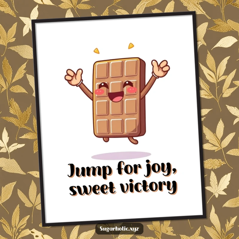 Funny free printable wall art: A happy chocolate bar character doing an energetic and ecstatic celebratory jump.