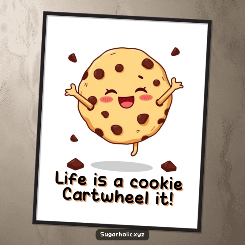 Funny Free Printable Wall Art: A joyful cookie with chocolate chips performing a dynamic cartwheel. Eye-catching downloadable decor.
