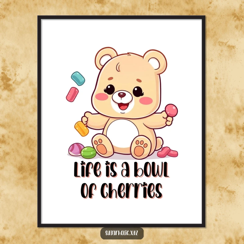 Funny Free Printable Wall Art: A silly gummy bear with a sticky grin masterfully juggles colorful candies on a plain background.