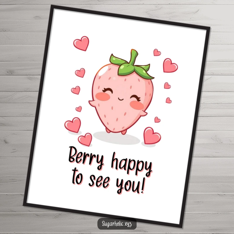 Funny Free Printable Wall Art featuring a blushing strawberry character fluttering heart candies, adding cute and comical decor.
