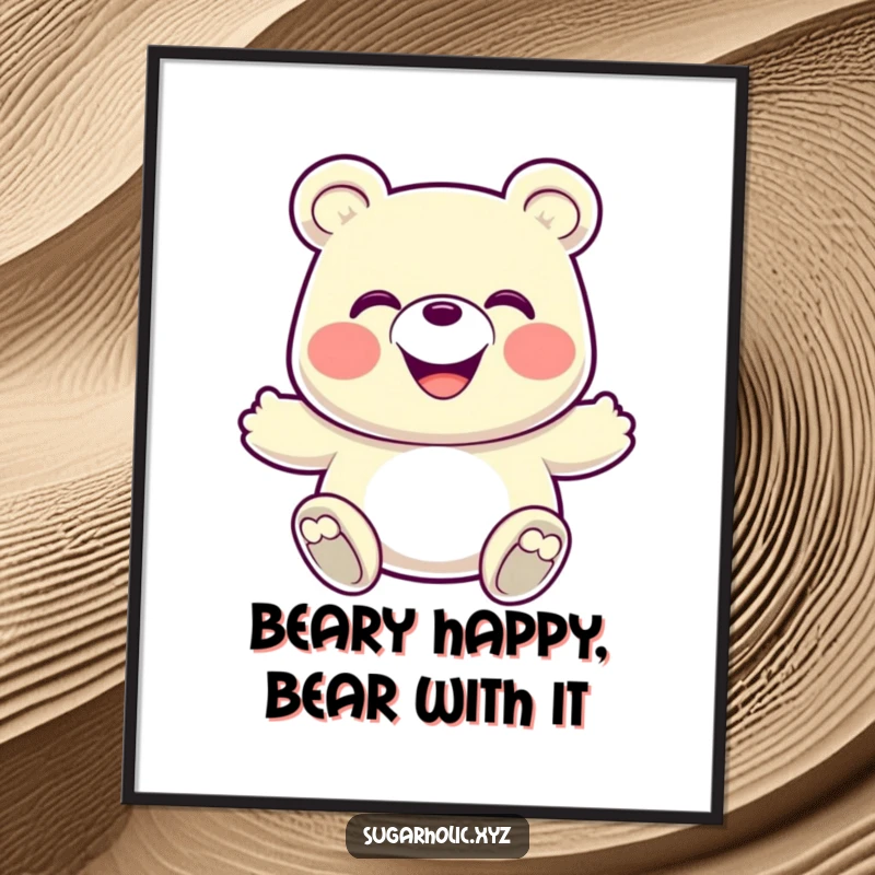 Funny Free Printable Wall Art: A grinning gummy bear captured in an exciting, energetic bounce, radiating cheerful playfulness.
