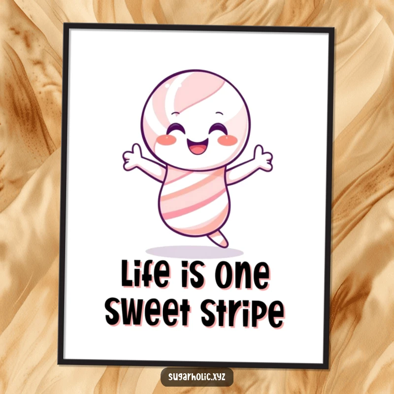 Funny Free Printable Wall Art: Smiling candy cane character doing a joyful shimmy, bringing festive fun to any space.
