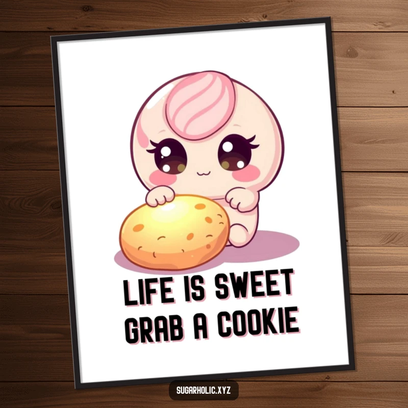 Funny Free Printable Wall Art: A candy character with mesmerized, shimmering eyes stretches for a brightly glowing cookie, a humorous hunt.