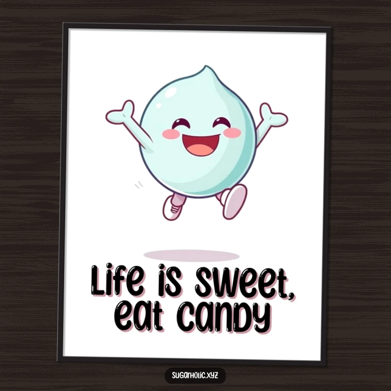 Funny Free Printable Wall Art: A grinning candy character leaping with pure sugary excitement, adding vibrant, humorous energy to any room.