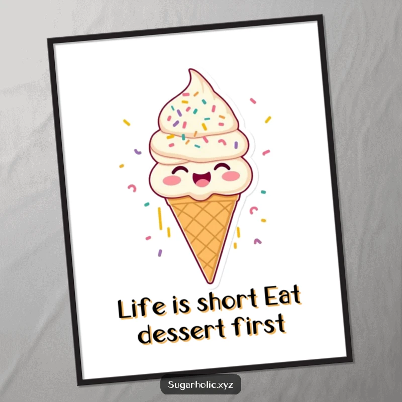 Funny Free Printable Wall Art: Joyous ice cream cone character with sprinkles raining down, adding a touch of sweetness.
