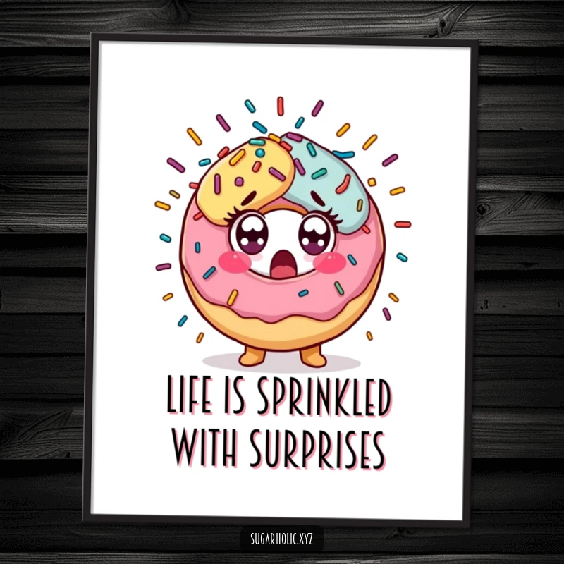 Funny Free Printable Wall Art: A donut character with wide, shocked eyes, caught in a delightful, chaotic explosion of colorful sprinkles.