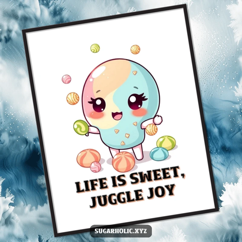 Funny Free Printable Wall Art: Winking candy juggles glittering candies, a sweet and downloadable piece of decor.