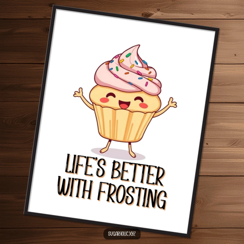 Funny free printable wall art: a happy cupcake with sprinkles bouncing joyfully offering a bite, sweet decor.