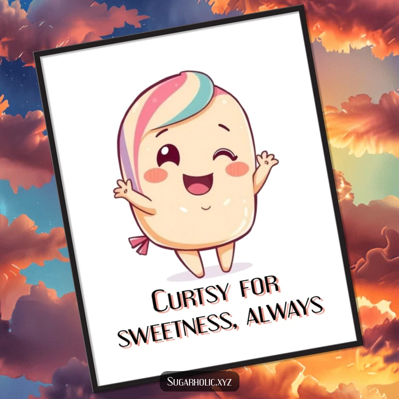 Funny Free Printable Wall Art: A smiling piece of candy gracefully performing a flamboyant curtsy, adding flair to decor.