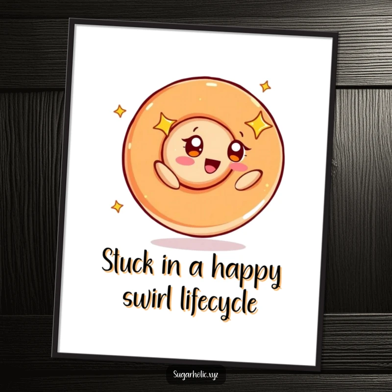 Funny Free Printable Wall Art of a caramel swirl character happily spinning with wide, starry eyes in a dynamic pose.