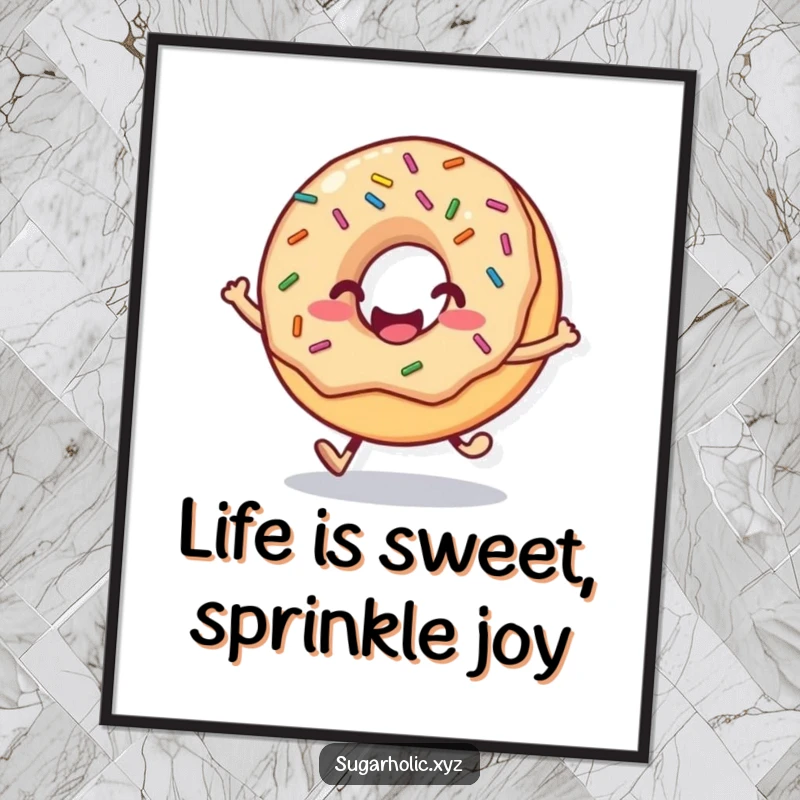Funny Free Printable Wall Art depicting a smiling donut with sprinkles doing an enthusiastic, delighted hop.