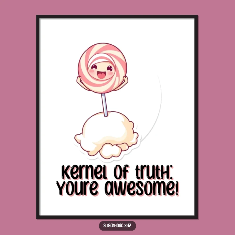 Funny Free Printable Wall Art: Lollipop Character Bouncing on Popcorn Kernel