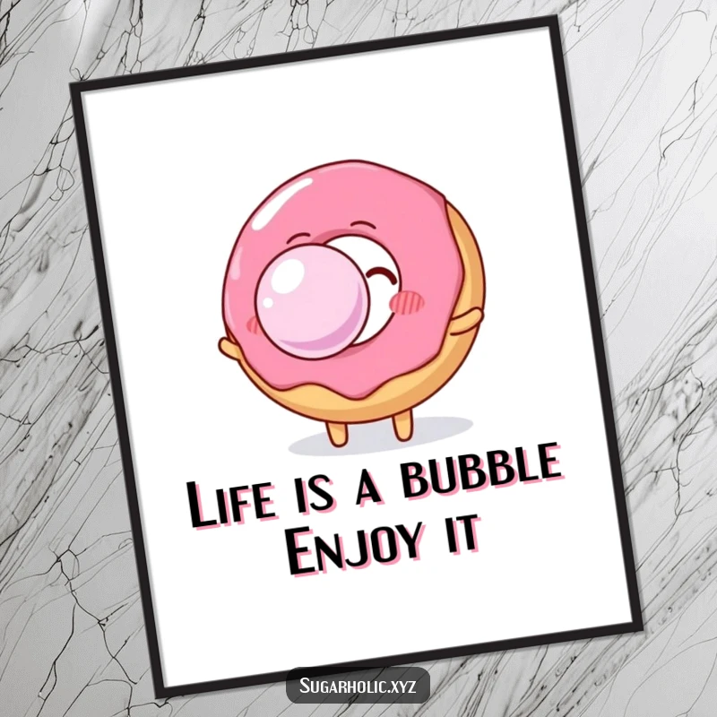 Funny Free Printable Wall Art: A cheerful donut character blows a colossal, shimmering bubble gum bubble, bringing joy and humor.