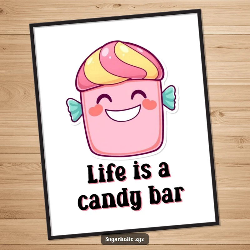 Funny Free Printable Wall Art showing a cheerful candy bar character displaying a wide, sweet, and inviting grin.