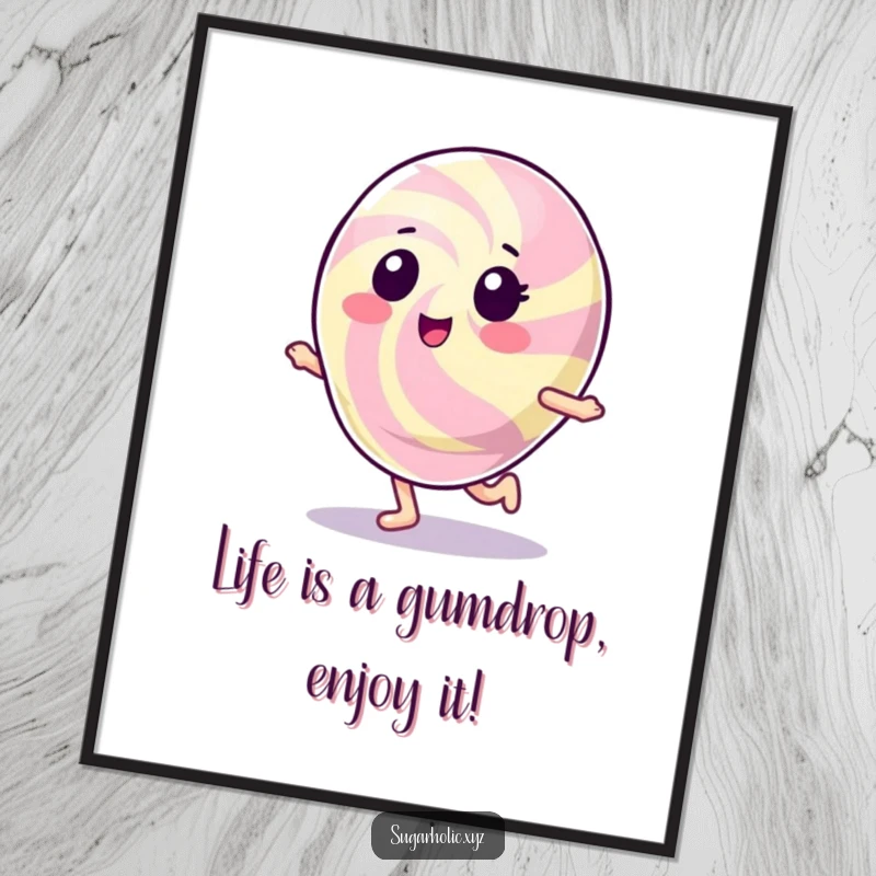 Funny Free Printable gumdrop character doing a joyful hop, whimsical wall art for kids rooms, downloadable art.