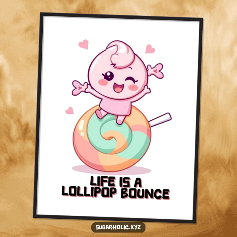 Funny Free Printable Wall Art: A cheerful candy character bounces playfully on a giant lollipop, adding a sweet and fun touch.