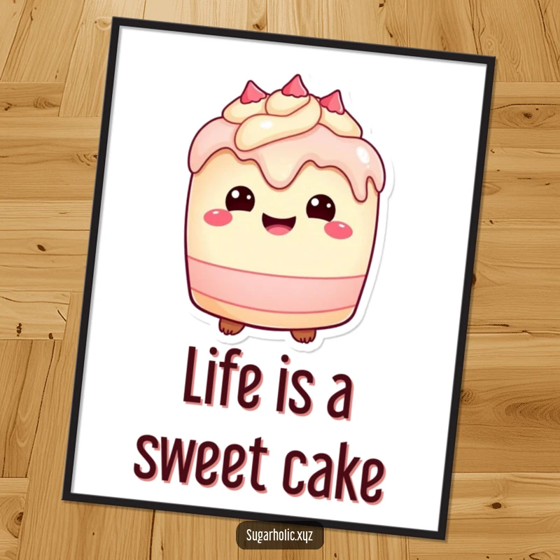 Free Printable Wall Art: A plump cake character with dripping frosting beams with delight, a sweet DIY decor.