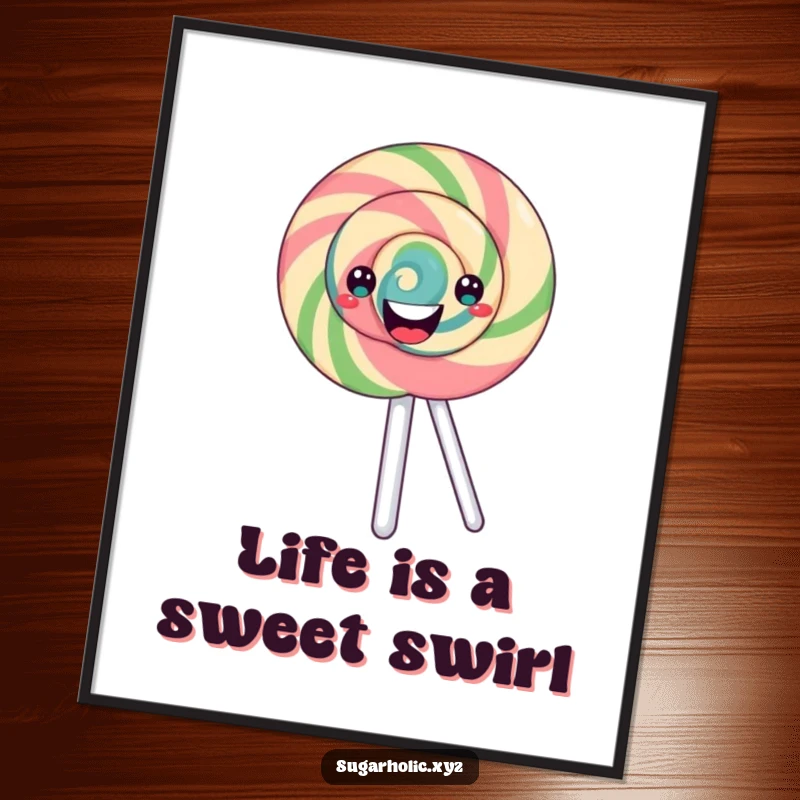 Funny Free Printable Wall Art: A happy lollipop with a colorful swirling pattern spinning dynamically, adding a playful touch.