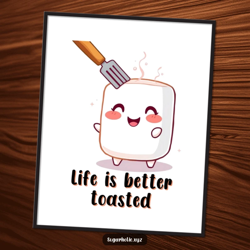 Funny Free Printable Wall Art: Cheerful toasted marshmallow with a rosy blush, radiating warmth and coziness on your wall.