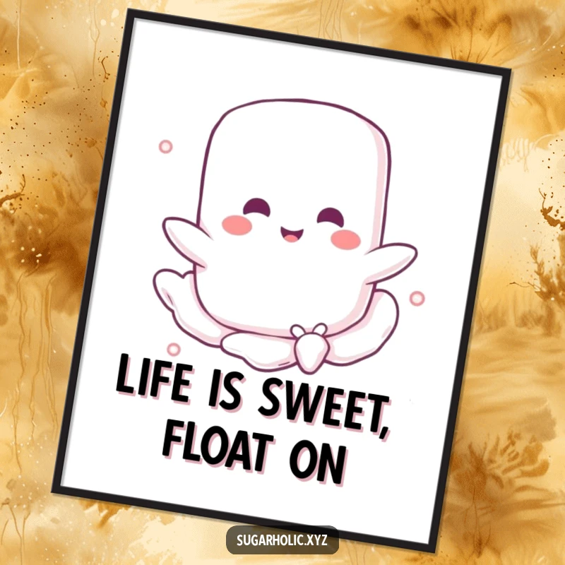 Funny Free Printable Wall Art featuring a happy marshmallow character blissfully floating on a whimsical sugary breeze.