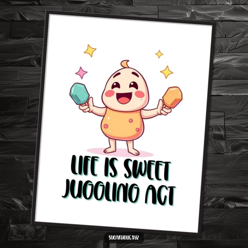 Funny free printable wall art: A joyful, colorful candy character skillfully juggling three sparkling, translucent rock candies.