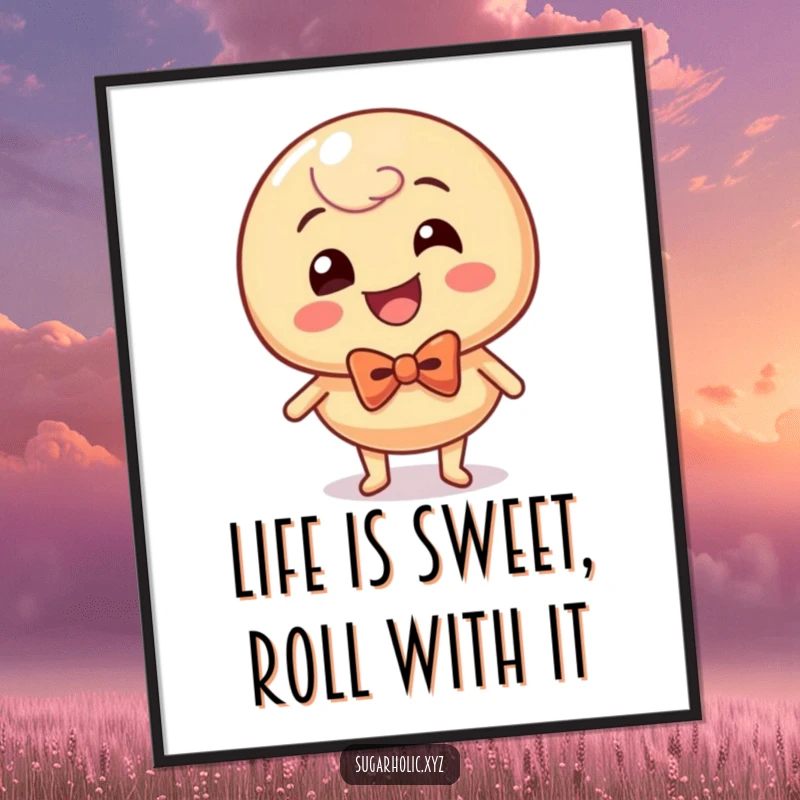 Funny Free Printable Wall Art: A giggling caramel candy character with a bow tie rolling with glee, joyful decor.