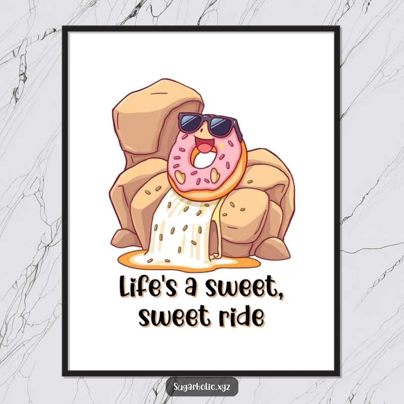 Free Printable Wall Art: A delighted donut in sunglasses slides joyfully down a caramel waterfall, bringing sunny vibes.