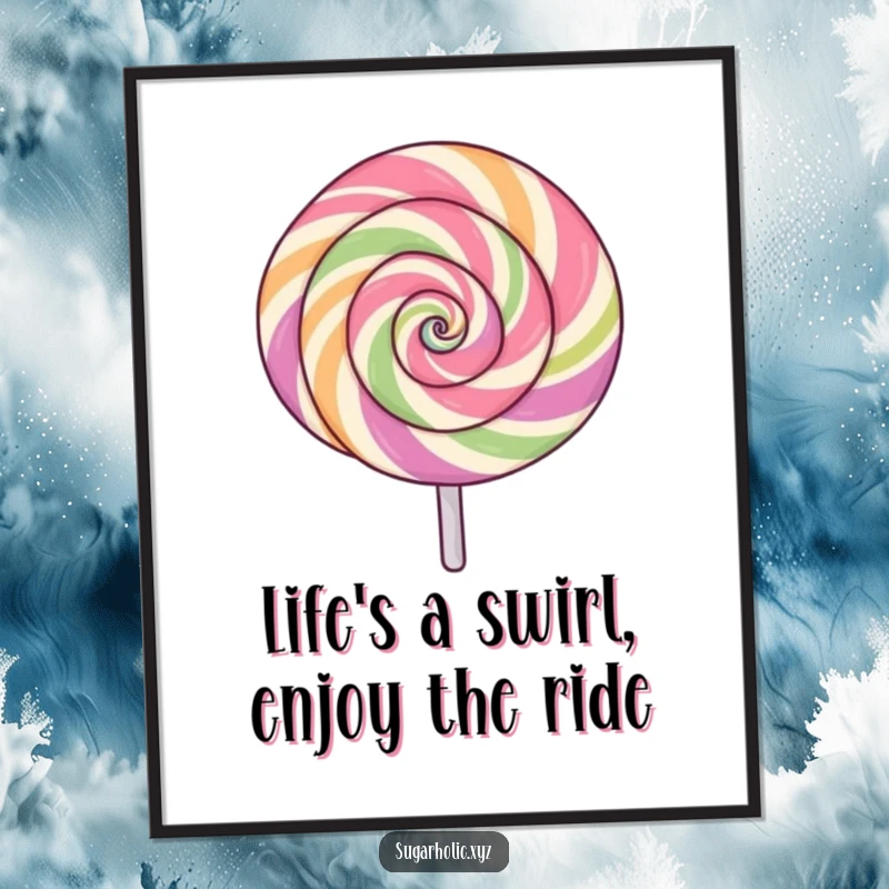Funny Free Printable Wall Art: A lollipop with a swirling pattern spins with vibrant excitement.