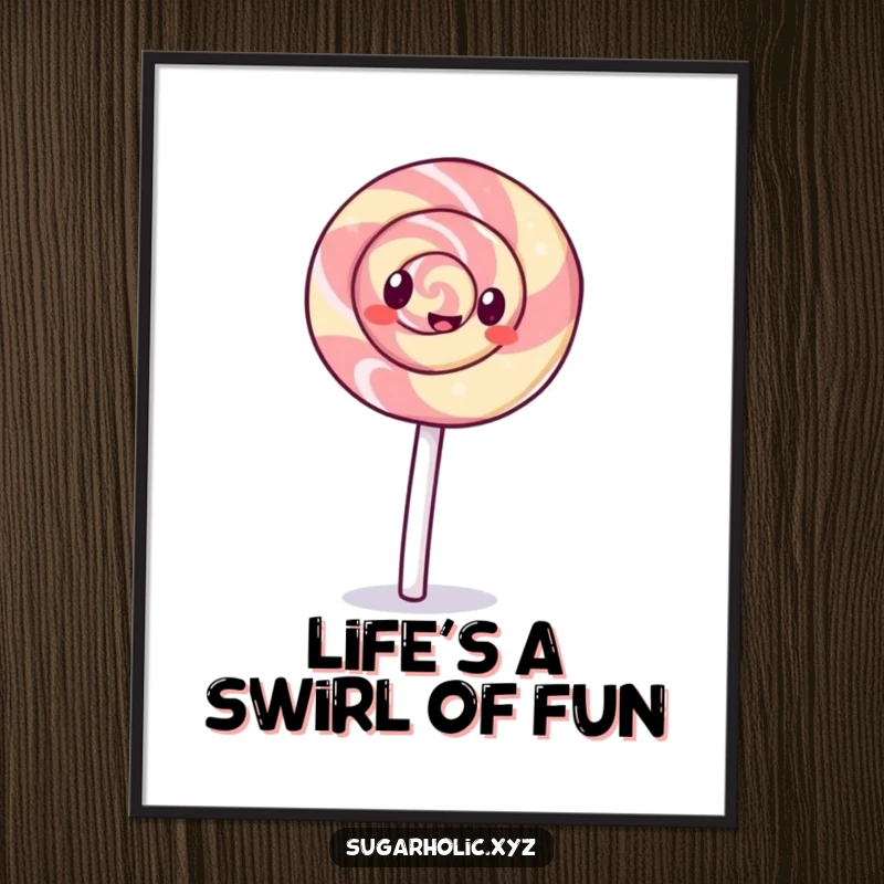Free Printable Wall Art: A giggling lollipop with a vibrant swirl pattern is captured mid-cartwheel, full of playful energy.