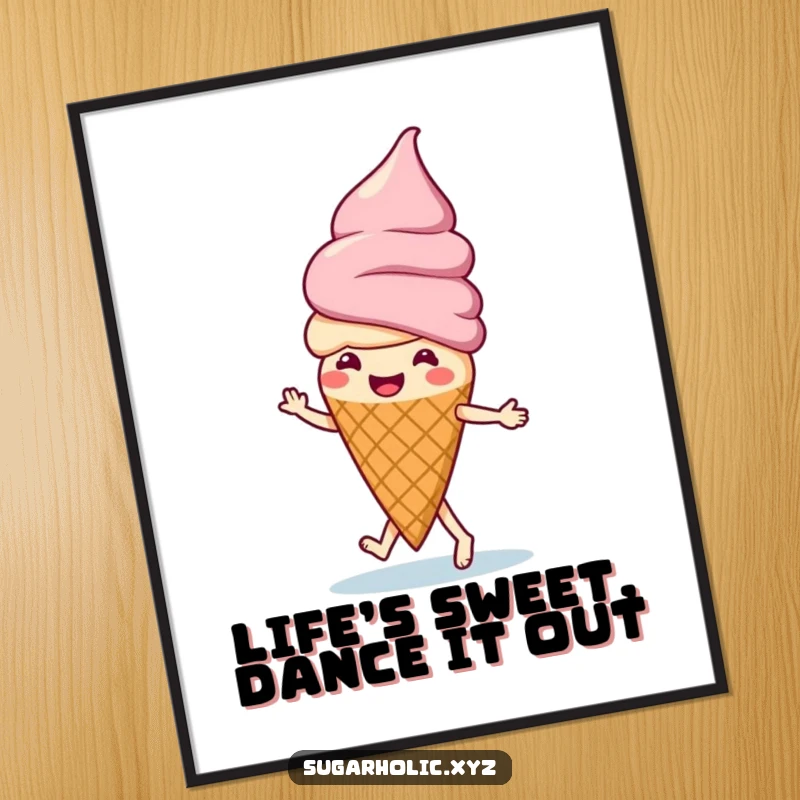 Funny free printable wall art: A smiling vanilla ice cream cone with sprinkles doing a happy little jig, radiating joy.
