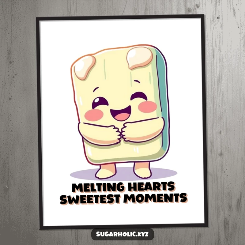 Funny free printable wall art of a happy, melting candy bar character offering a big, sweet, welcoming hug.