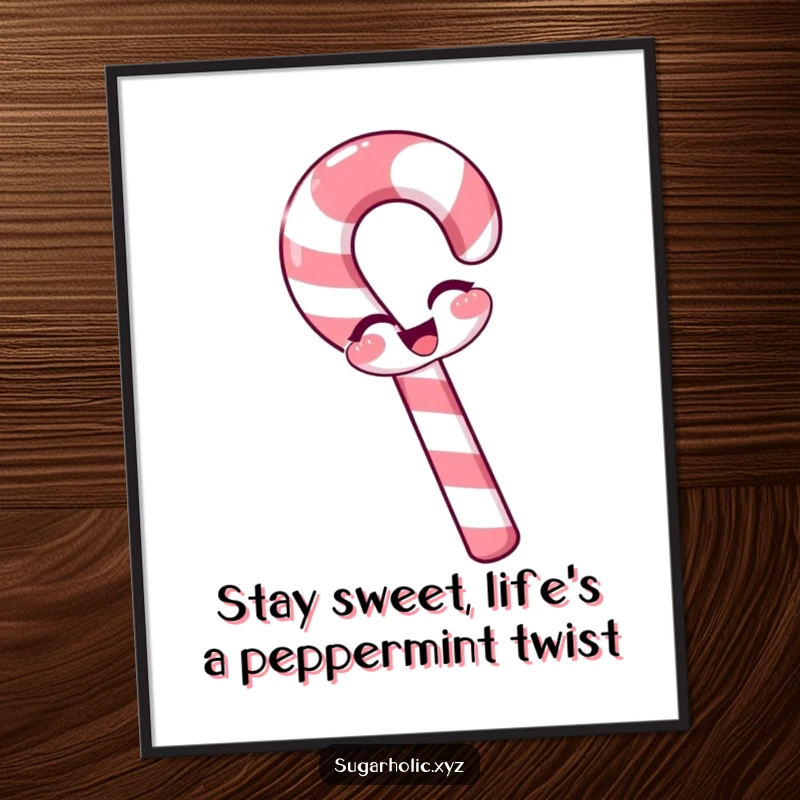 Funny Free Printable Wall Art: A cheerful candy cane with a slight bend winks playfully.