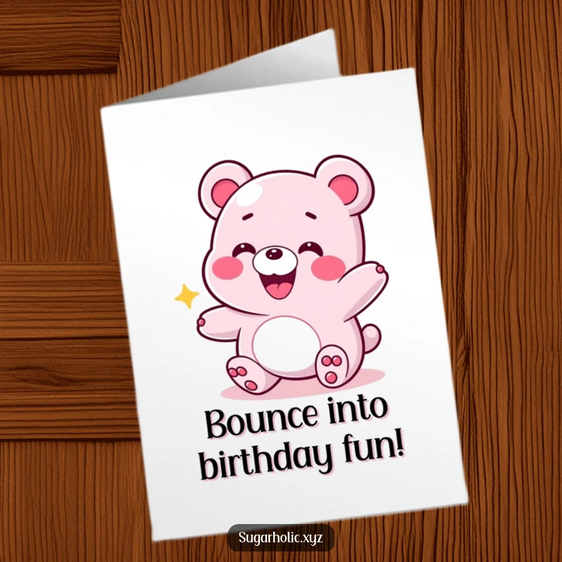 Funny free printable birthday card featuring a grinning gummy bear with an energetic bounce, a joyful and fun gift.