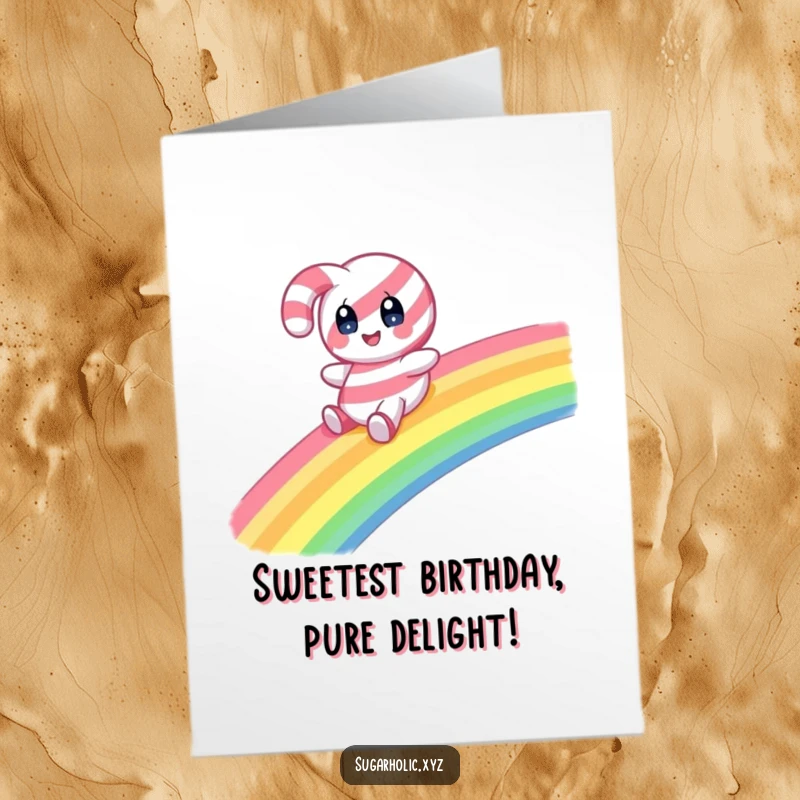 Funny free printable birthday card showing a candy cane character with wide eyes joyfully sliding down a vibrant rainbow.