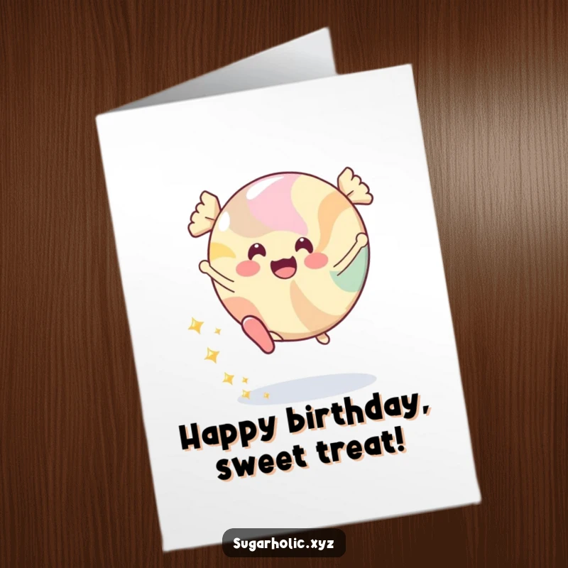 Funny Free Printable Birthday Card: A happy candy character doing a cartwheel, leaving a trail of sparkles behind.