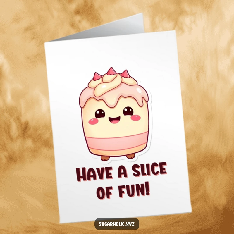 Free Printable Birthday Card: Plump cake character beams with delight, frosting dripping, ready for a DIY birthday.