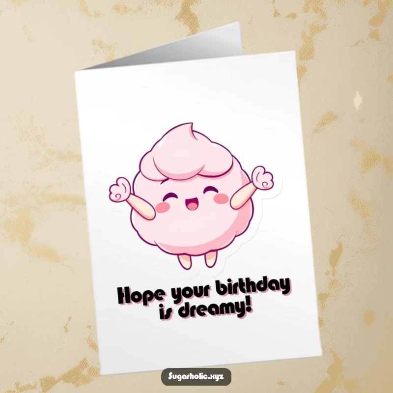 Funny Free Printable Birthday Card: Gleeful candy floss character floating happily upwards, a sweet DIY gift idea.