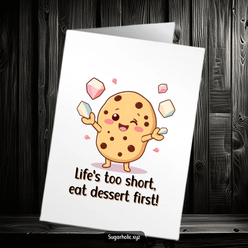 Funny Free Printable Birthday Card: Beaming cookie character joyfully juggles huge sugar crystals, a sweet and hilarious greeting.