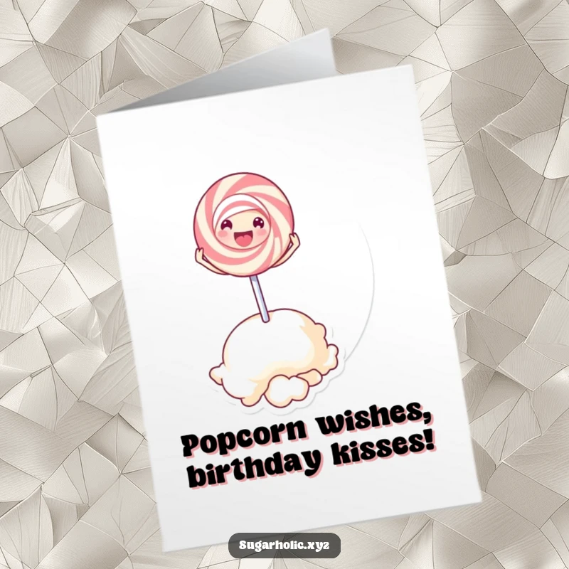 Funny free printable birthday card featuring a delighted lollipop character gleefully bouncing on a giant popcorn kernel.