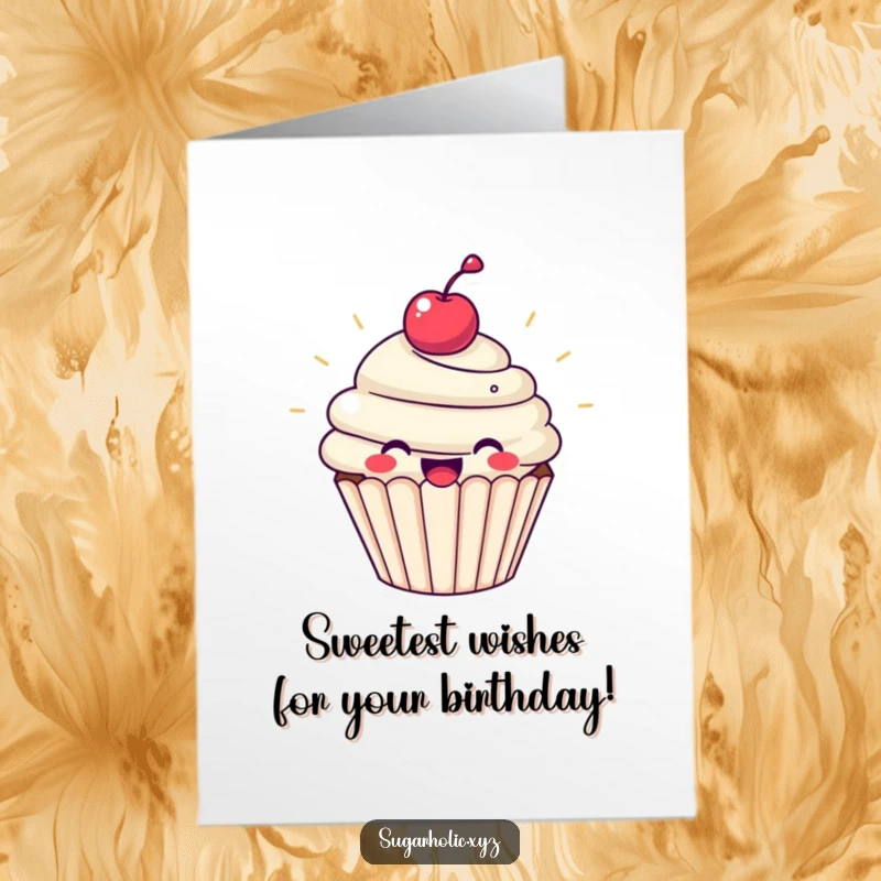 Funny Free Printable Birthday Card: A beaming cupcake with a cherry on top, radiating pure joy and birthday wishes.