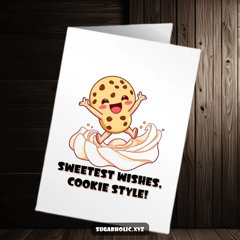 Funny Free Printable Birthday Card: A thrilled cookie character joyfully leaping into a creamy swirl of frosting.