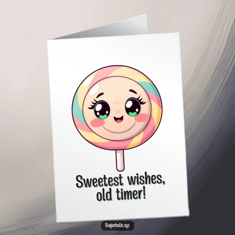 Funny Free Printable Birthday Card: Wide-eyed lollipop radiating pure sugary energy, ready to party.