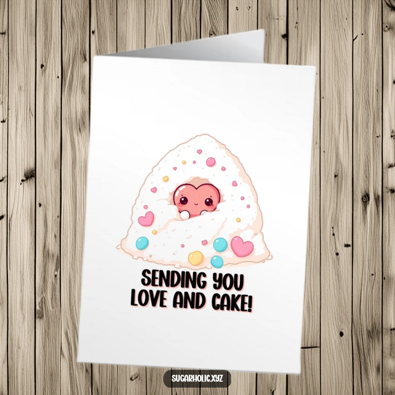 Funny Free Printable Birthday Card: A shy candy heart character tentatively peeks from behind a massive pile of sugar, sweet and endearing.