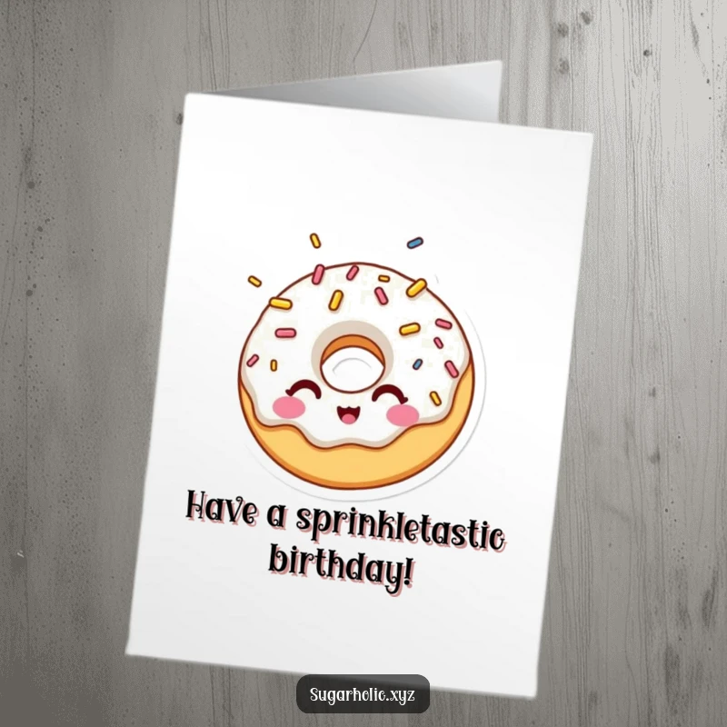 Funny Free Printable Birthday Card: A donut character with a shocked expression winks as colorful sprinkles rain down, a festive surprise.