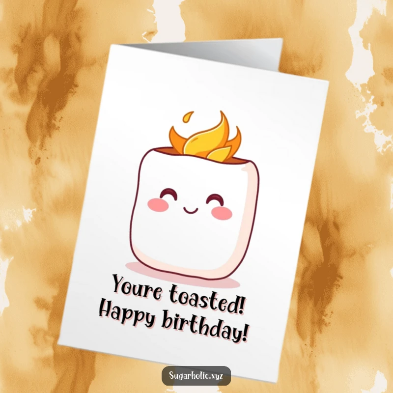 Funny Free Printable Birthday Card: A cheerful marshmallow with a rosy blush is being gently toasted over a flame, looking cozy.