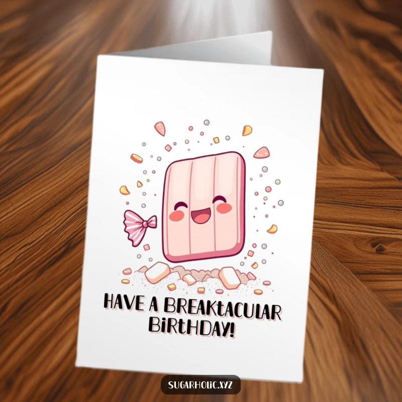 Funny Free Printable Birthday Card: A whimsical candy bar joyfully shatters into sparkling sugar particles.